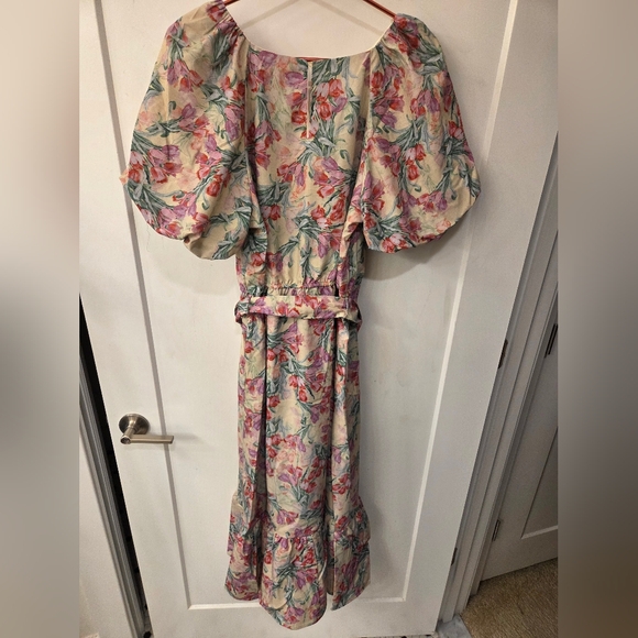 NWT - Melloday Yellow/Pink Floral Printed Puff Sleeve Woven Maxi Dress - Size L - Picture 7 of 14
